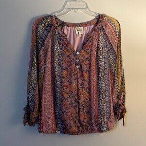Fig and Flowers Womens Blue Pink Multicolored Floral Chiffon Top Medium Petite